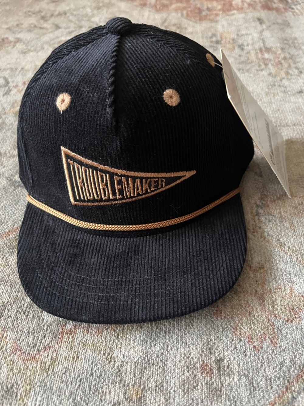 Troublemaker Black Corduroy Hat with Gold Embroidery